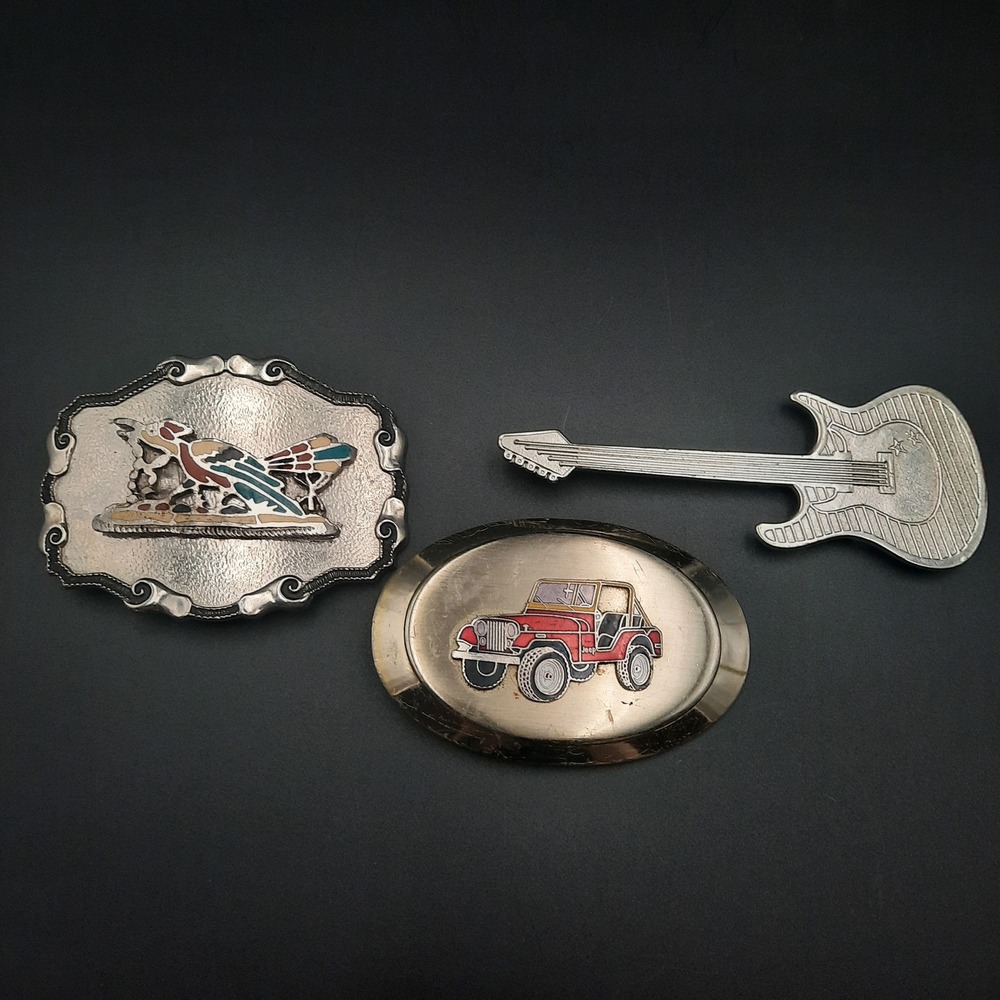 Vintage Belt Buckle Lot with Jeep, Guitar & Bird Designs – FHC & FUCO Stamped